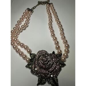 Heidi Daus Disney Beauty and the Beast Rose Pearl Necklace Pink w/ Green Leaves